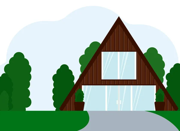 Illustration Vectorielle Une Maison Moderne Bois Deux Étages Avec Grandes — Image vectorielle