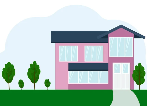 Vektorová Ilustrace Růžové Dvoupatrové Obytné Budovy Velkými Okny Izolované — Stockový vektor