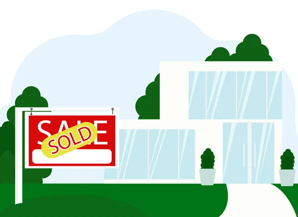现代房屋的矢量图解 旁边是一个标有 Sale 字样的广告牌和一个出售的贴纸 — 图库矢量图片