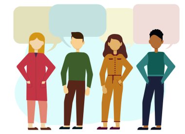 Avrupalı ve Afrikalı Amerikalı erkek ve kadınların vektör çizimi. Metin için iletişim ve hava balonu