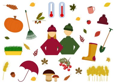 Sonbahar setinin vektör illüstrasyonunda insanlar, yapraklar, şemsiye, lastik botlar, mantarlar, dallar, rowan, kulak, kahve eşliğinde fincanlar yer alıyor