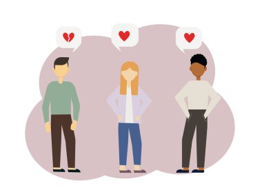 Üç kişinin resmi, bir kadın ve iki adamın kırmızı kalpli baloncukları.