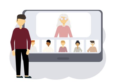 İnternetteki konferans illüstrasyonu. Bilgisayarın yanında erkek ve kadın portreleri olan bir adam.