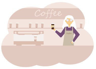 Kafenin iç kısmının vektör çizimi ve bir fincan kahveli barista kadınları.