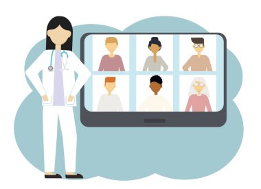 Birkaç kişiyle çevrimiçi iletişim kuran bir doktorun vektör çizimi