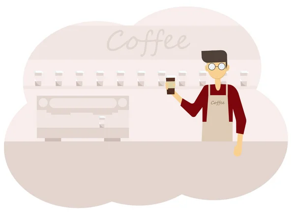 Vektor Illusztrációja Kávézó Belső Barista Férfiak Egy Csésze Kávét — Stock Vector