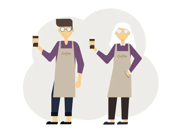 Ilustração Vetorial Dois Baristas Homem Mulher Com Copos Café Uniforme — Vetor de Stock