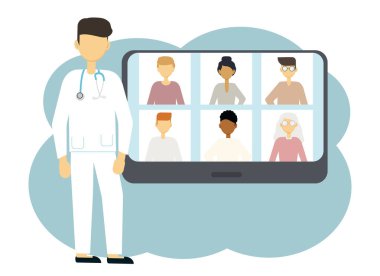 Birkaç kişiyle çevrimiçi iletişim kuran bir doktorun vektör çizimi