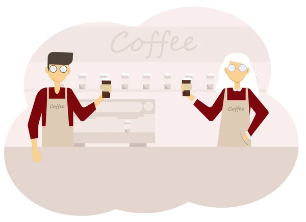 Vektor Illusztrációja Kávézó Belső Csapat Férfi Barista Csésze Kávé — Stock Vector