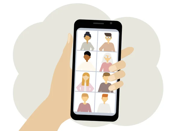 Illustration av en mobiltelefon i handen som visar ett onlinemöte. — Stock vektor