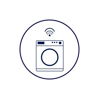 Akıllı bir ev için çamaşır makinesi ikonu tasviri. Kablosuz ağ sembollü çamaşır makinesi.