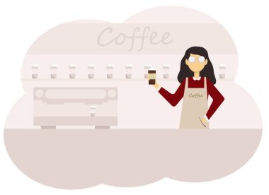 Bir kafenin içinde bir resim ve bir fincan kahveyle barista bir kadın.