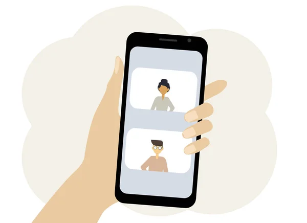 Illustration av en mobiltelefon i handen som visar ett onlinemöte. — Stock vektor