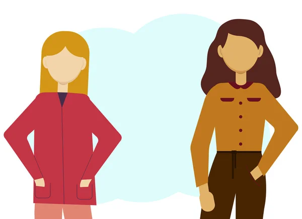 Illustration de deux femmes multiethniques communiquent. Bulles pour le texte — Image vectorielle