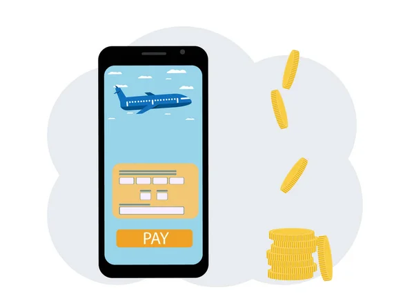 Begreppet att betala för flygbiljett på nätet och spara pengar. Telefon med app och mynt — Stock vektor