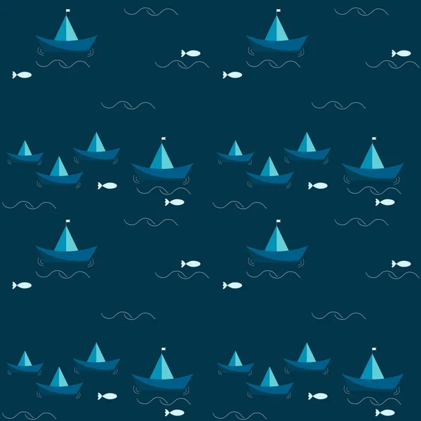 Пластырь с голубыми бумажными кораблями и море с рыбой — стоковый вектор