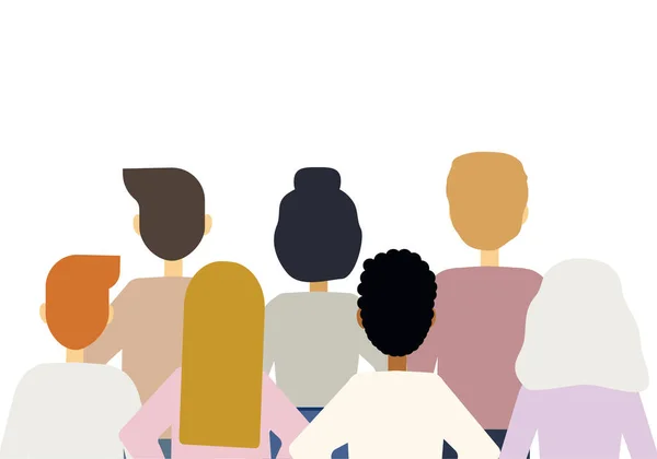 Illustration d'un grand nombre de personnes de nationalités différentes se tenant avec leur dos — Image vectorielle