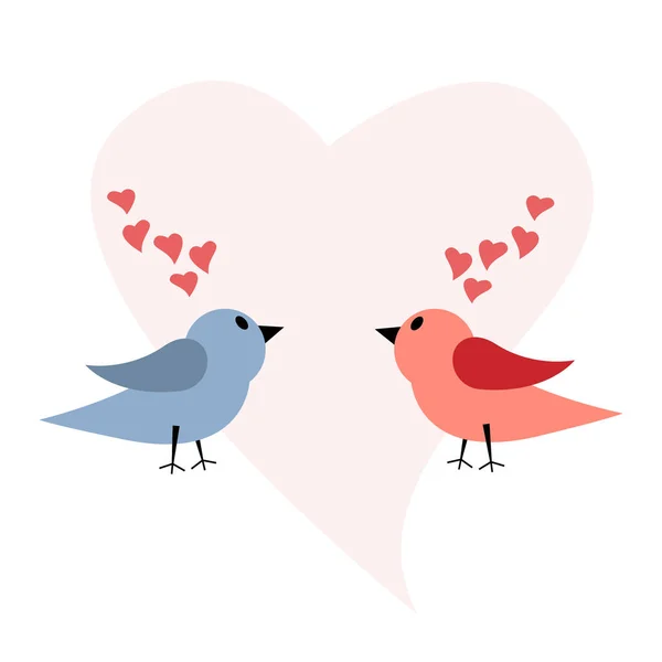 Ilustración de una postal para las vacaciones de los amantes. Dos pájaros y corazones — Vector de stock