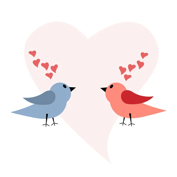 Illustration of a postcard for the holiday of lovers. Two birds and hearts — Stock Vector