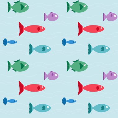 Mavi arkaplanda dalgalı renkli balık görüntüsü olan desen