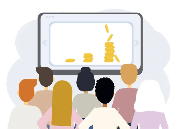 Ilustração educação on-line com monitor de laptop e costas de pessoas diferentes. Ganhar formação em dinheiro —  Vetores de Stock