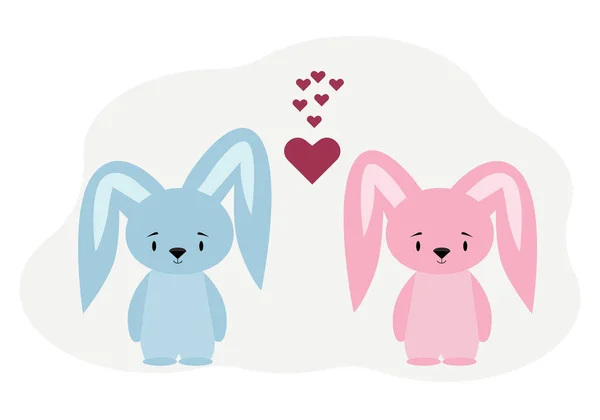 Illustratie van twee schattige konijntjes jongen en meisje in de buurt harten. — Stockvector
