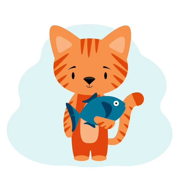 Postcard with a picture of a ginger cat and a blue fish in his hands — Stock Vector