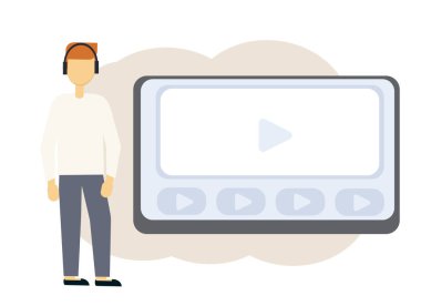 Bilgisayarlı monitör ve kulaklıklı adamla çevrimiçi eğitim illüstrasyonu