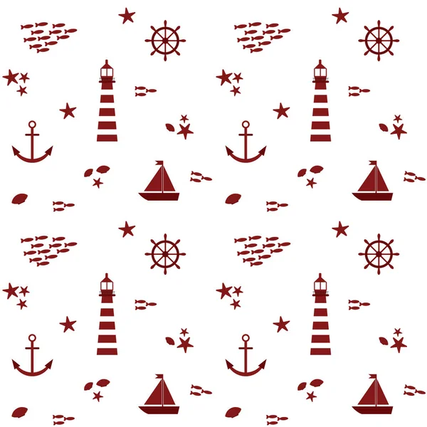 Wzór na temat morski. Z ilustracją latarni morskiej, łodzi, rybaka, kotwicy i kierownicy. — Wektor stockowy