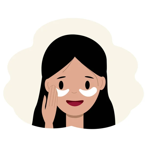 Illustratie van een jonge vrouw gezicht met ooglapjes. Gezichtsverzorging — Stockvector