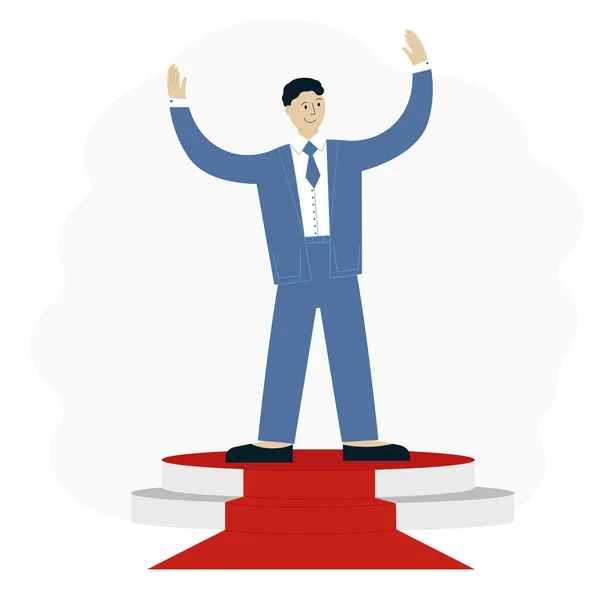 Ilustração de um homem de sucesso em um terno com as mãos para cima na plataforma. Conceito de realização empresarial — Vetor de Stock