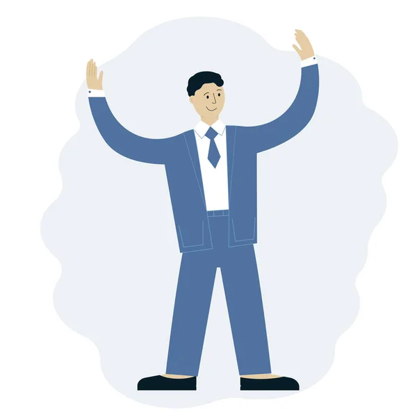 Illustration av en framgångsrik man i kostym med händerna uppe. Affärsidé — Stock vektor