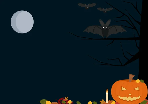 Illustration de fond flyer pour Halloween de vacances avec citrouilles, chauves-souris et lune — Image vectorielle