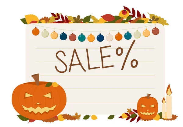 Vector Illustration Flyers Celebration Halloween Pumpkins Candles Text Sale — Διανυσματικό Αρχείο