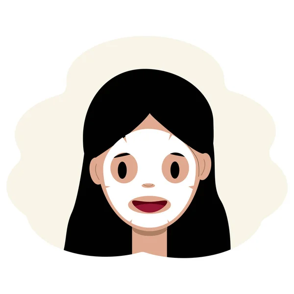 Ilustración de una cara de mujer joven con una máscara de tela. Concepto de cuidado facial de la piel — Vector de stock