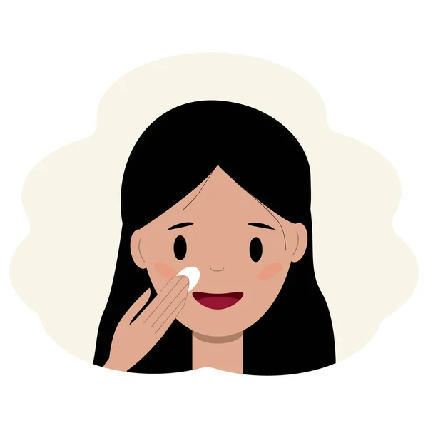 Ilustración de la cara de una joven que se aplica crema en la cara. Concepto de cuidado facial de la piel — Vector de stock