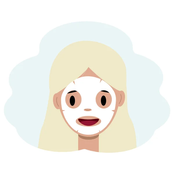 Εικονογράφηση προσώπου νεαρής γυναίκας με υφασμάτινη μάσκα. Έννοια φροντίδας δέρματος προσώπου — Διανυσματικό Αρχείο
