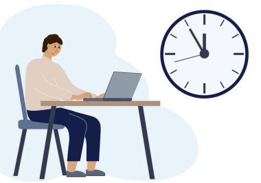 Çalışma ve eğitimde zamanlama kavramı. Çalışma odasında dizüstü bilgisayarlı bir adamın resmi.
