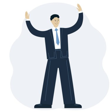 Elleri havada, takım elbiseli başarılı bir adamın tasviri. İş başarısı kavramı