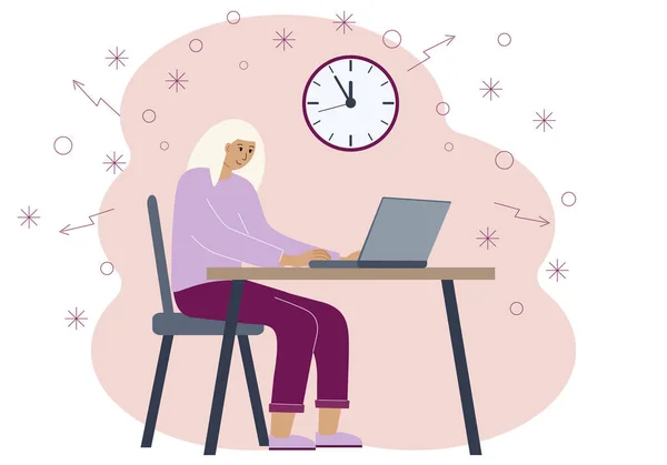 Концепция времени в работе или обучении. Иллюстрация женщины на рабочем месте с ноутбуком — стоковый вектор