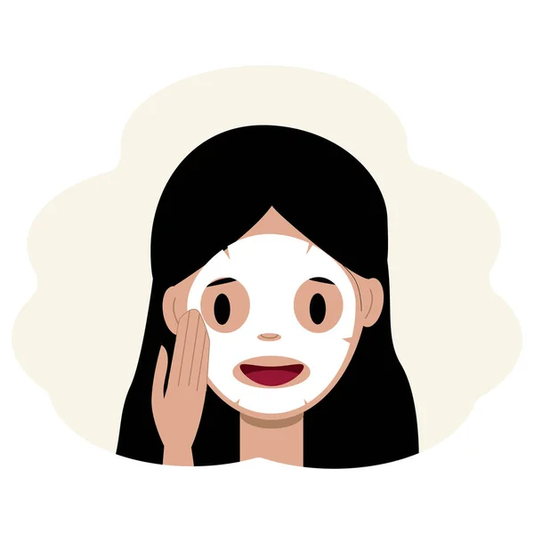 Ilustración de una cara de mujer joven con una máscara de tela. Concepto de cuidado facial de la piel — Vector de stock