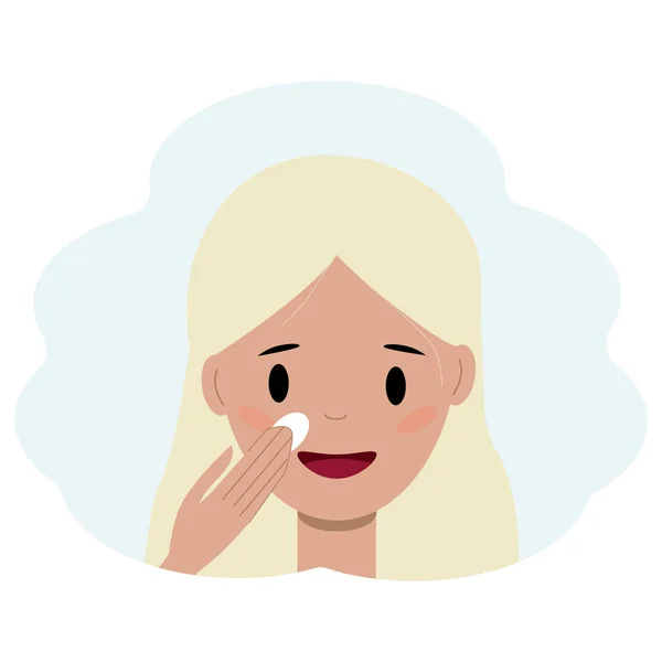 Ilustración de la cara de una joven que se aplica crema en la cara. Concepto de cuidado facial de la piel — Vector de stock