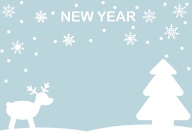 Bir tebrik kartı ya da el ilanı için Noel arkaplanı. Kar taneleri, köknar ağacı ve geyikli vektör illüstrasyonu.