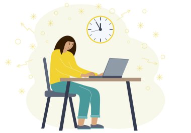 Çalışma ve eğitimde zamanlama kavramı. Çalışma odasında dizüstü bilgisayarı olan bir kadının vektör çizimi