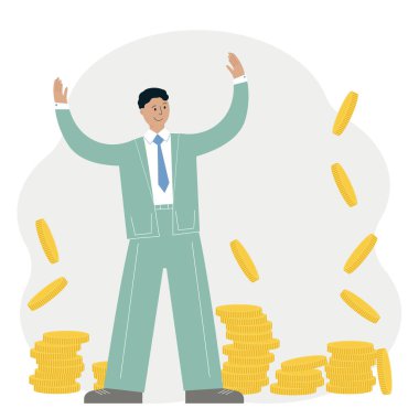 İş başarısı konsepti. Bir sürü altın sikke etrafında takım elbiseli mutlu bir adam. Vektör illüstrasyonu