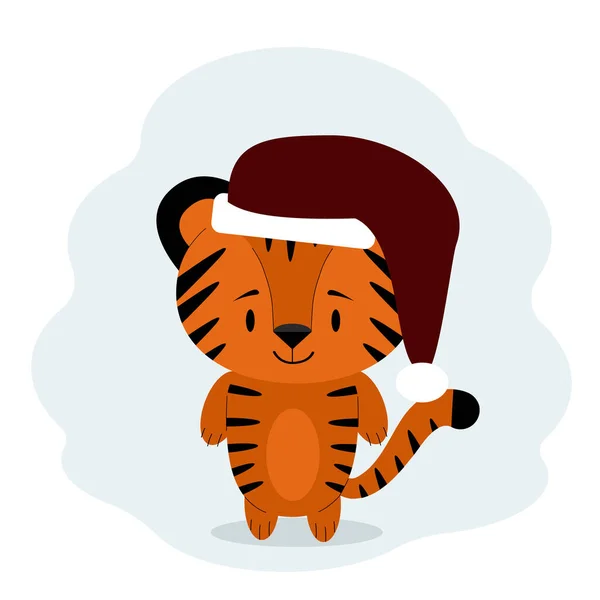 Tigre Righe Simbolo Del 2022 Nel Cappello Rosso Babbo Natale — Vettoriale Stock