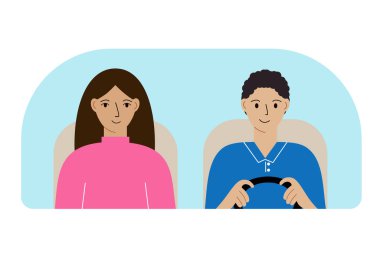 Ön camın arkasındaki arabada bir kadın ve erkeğin vektör çizimi..