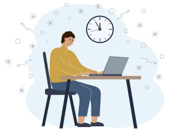 Çalışma ve eğitimde zamanlama kavramı. Çalışma odasında dizüstü bilgisayarlı bir adamın vektör illüstrasyonu