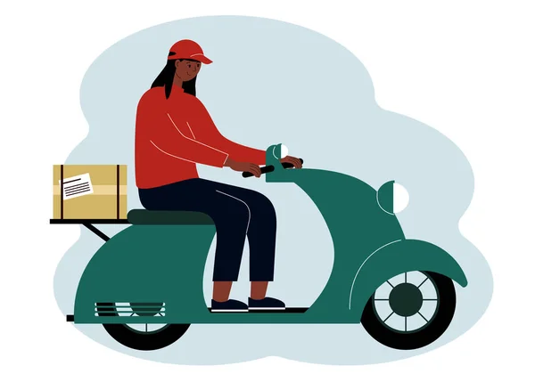 Ilustração Vetorial Homem Entrega Mulher Uma Scooter Com Uma Caixa — Vetor de Stock