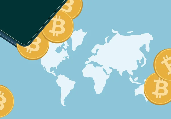 仮想通貨ウォレットと仮想通貨記号付きコインのベクトルイラスト 地球地図の背景には — ストックベクタ